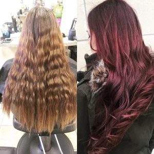 Before and after of blonde to redhead hair color change at hair cuttery