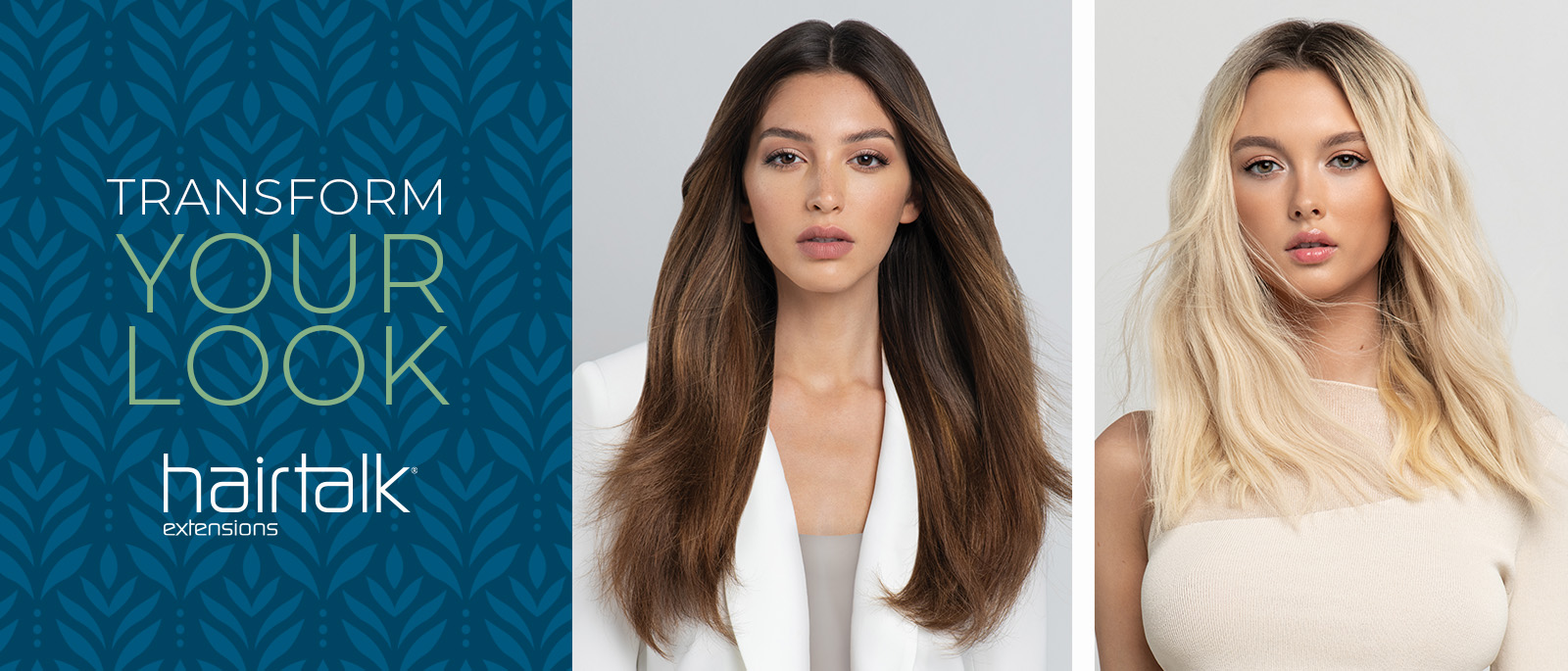 Transform your look with hairtalk extensions. Image also contains a brunette and a blonde lady showing off their gorgeous hair extensions.