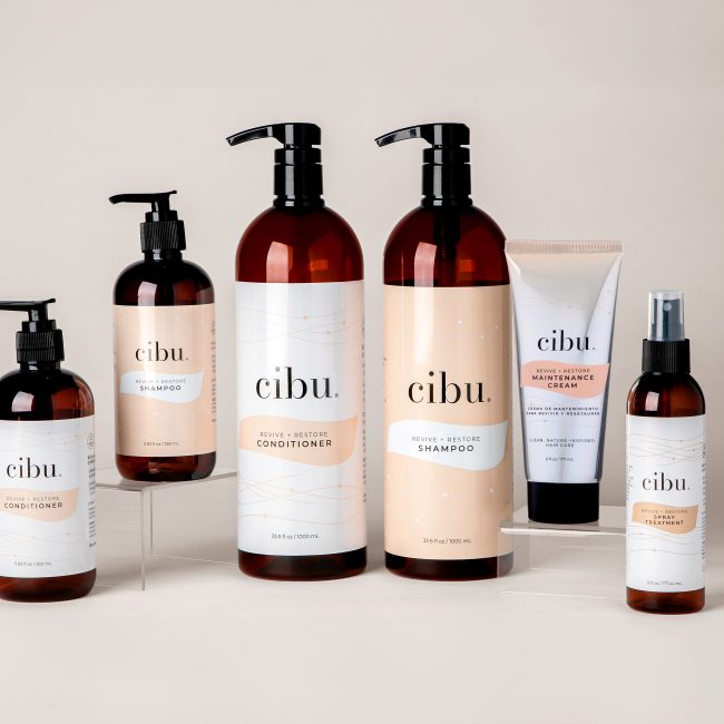 Cibu Revive + Restore™ Line products lined up next to each other.