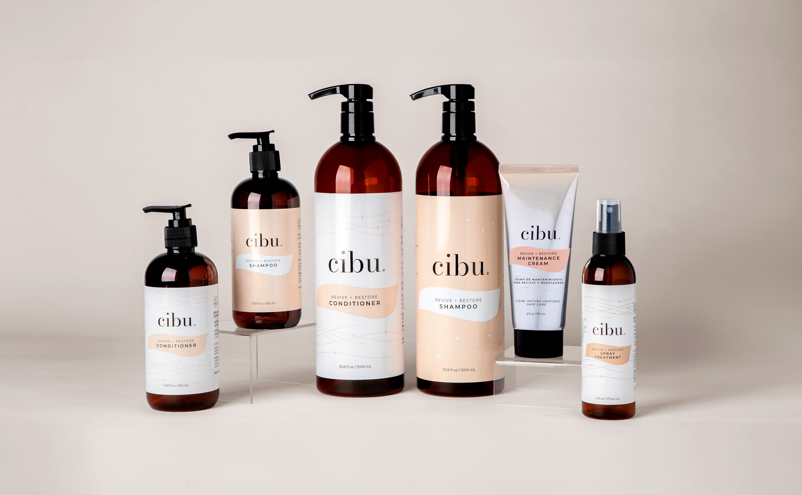 Cibu Revive + Restore™ Line products lined up next to each other.